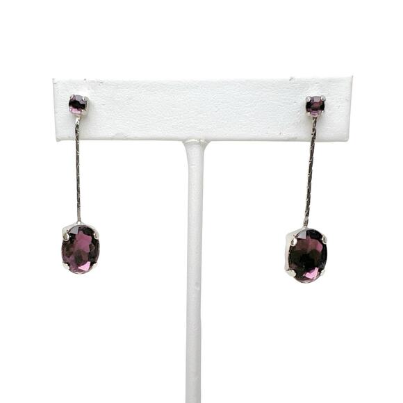 Purple Dangle Earrings Faceted Oval Rhinestones Silver Tone Drop Pierced Sparkly - Picture 3 of 6